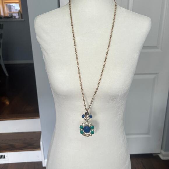 J.Crew Acrylic and Crystal Studded Peacock Blue Pendant Necklace on Gold Chain - Picture 6 of 7